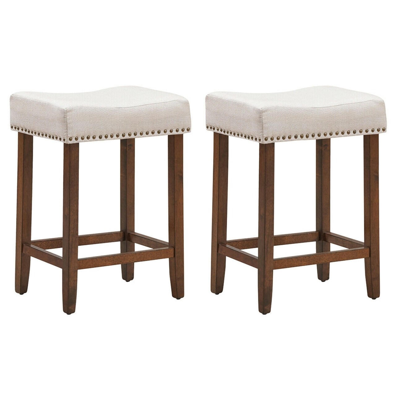 24 Inch Set of 2 Backless Curved Saddle Seat Bar Stools with Nail head Design Ideal for Indoor Seating